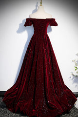 Burgundy Velvet Long Prom Dress Outfits For Girls, A-Line Off the Shoulder Evening Dress