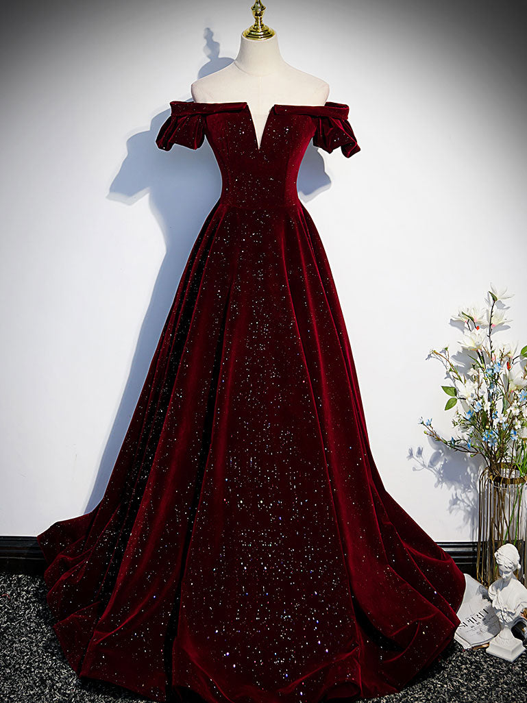 Burgundy Velvet Long Prom Dress Outfits For Girls, Burgundy Long Formal Dress