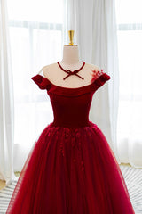 Burgundy Velvet Tulle Floor Length Prom Dress Outfits For Girls, Lovely Evening Party Dress
