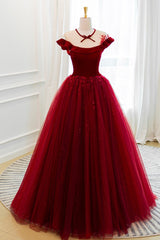 Burgundy Velvet Tulle Floor Length Prom Dress Outfits For Girls, Lovely Evening Party Dress