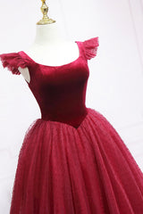 Burgundy Velvet Tulle Tea Length Prom Dress Outfits For Girls, Cute A-Line Party Dress