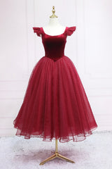 Burgundy Velvet Tulle Tea Length Prom Dress Outfits For Girls, Cute A-Line Party Dress