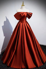 Caramel Floor Length Satin Formal Dress Outfits For Girls, Cute Off Shoulder A-line Evening Dress