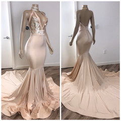 Black Girl Prom Dresses, Backless Champagne Pink Prom Dresses, With Appliques