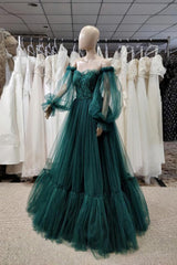 Green Lace Prom Dresses, Puff Long Sleeves Off The Shoulder Lace Appliques Tulle Ball Gown
