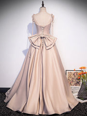 Champagne A-Line Satin Long Prom Dress Outfits For Girls, Champagne Evening Dresses