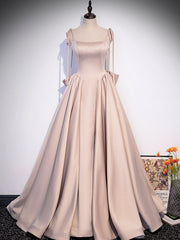 Champagne A-Line Satin Long Prom Dress Outfits For Girls, Champagne Evening Dresses