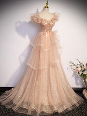 Champagne A-Line Tulle Beading Long Prom Dress Outfits For Girls, Champagne Formal Dresses