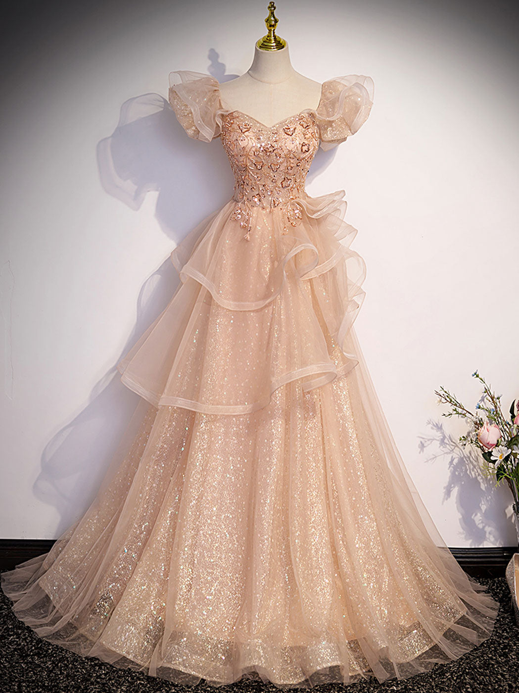 Champagne A-Line Tulle Beading Long Prom Dress Outfits For Girls, Champagne Formal Dresses