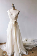 Champagne Chiffon Long A-Line Prom Dress Outfits For Girls, Simple V-Neck Evening Dress