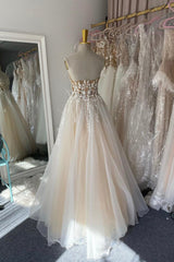 Champagne Lace Long A-Line Prom Dress Outfits For Girls, Strapless Evening Dress