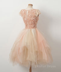 Champagne round neck tulle beads short prom dress, homecoming dress