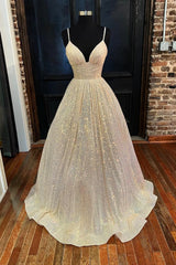 Champagne Sequins Long A-Line Prom Dress Outfits For Girls, Shiny V-Neck Spaghetti Straps Party Dress