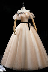 Champagne Shiny Tulle Floor Length Prom Dress Outfits For Girls, Off the Shoulder Evening Dress