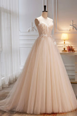 Champagne Spaghetti Strap Tulle Formal Dress Outfits For Women with Feathers, Cute A-Line Evening Dress