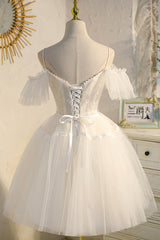 Champagne Spaghetti Straps Lace Short Prom Dress Outfits For Girls, A-Line Party Dress