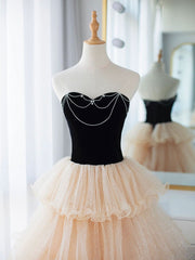 Champagne Sweetheart Neck Tulle Long Prom Dress Outfits For Girls, Champagne Formal Dresses