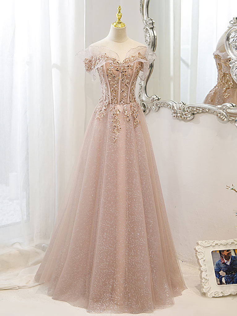 Champagne Tulle Lace A line Long Prom Dress Outfits For Girls, Lace Champagne Evening Dress