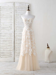 Champagne Tulle Lace Applique Long Prom Dress Outfits For Women Champagne Evening Dress