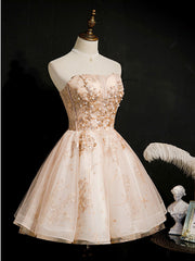 Champagne Tulle Lace Short Prom Dress Outfits For Girls, Puffy Champagne Homecoming Dress