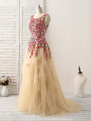 Champagne Tulle Long Prom Dress Outfits For Women Lace Applique Evening Dress