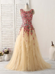 Champagne Tulle Long Prom Dress Outfits For Women Lace Applique Evening Dress
