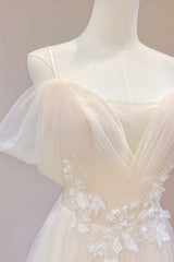 Champagne Tulle Long Prom Dress Outfits For Women with Lace, Off the Shoulder Evening Dress