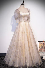 Champagne Tulle Sequins Long Prom Dress Outfits For Girls, Cute 1/2 Sleeve Party Dress