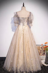 Champagne Tulle Sequins Long Prom Dress Outfits For Girls, Cute 1/2 Sleeve Party Dress