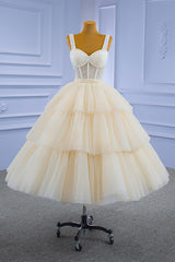 Champagne Tulle Short Prom Dress Outfits For Women with Beaded, A-Line Tea Length Party Dress