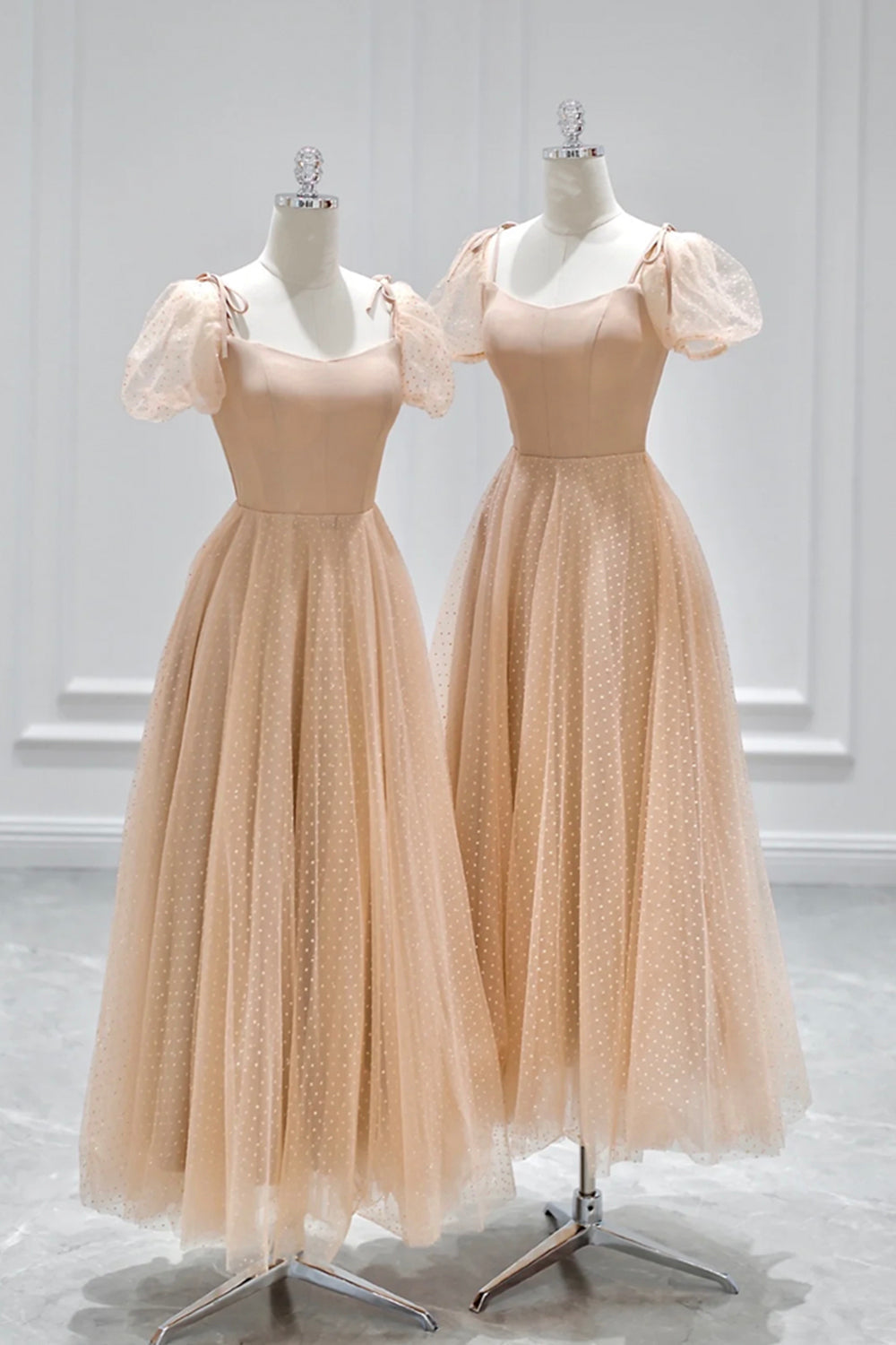 Champagne Tulle Tea Length Prom Dress Outfits For Girls, Cute Short Sleeve Evening Dress