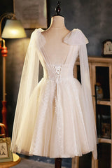 Champagne V-Neck Lace Short Prom Dress Outfits For Girls, Lovely A-Line Evening Party Dress