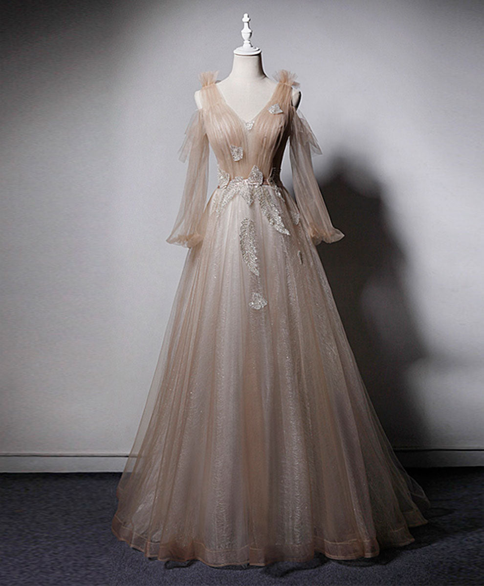 Champagne V Neck Tulle Lace Long Prom Dress Outfits For Girls, Champagne Formal Evening Dress