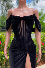 Charming Black Long Mermaid Off the Shoulder Velvet Prom Dress Outfits For Women with Slit
