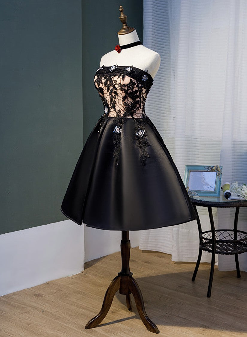 Charming Black Satin with Lace Applique Homecoming Dress Outfits For Girls, Knee Length Prom Dress