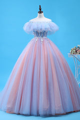 Charming Blue and Pink Tulle Off Shoulder Sweet 16 Dress Outfits For Women with Lace, Ball Gown Formal Dress