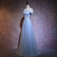 Charming Blue Elegant Tulle Party Dress Outfits For Women with Lace Applique, Long Prom Dress