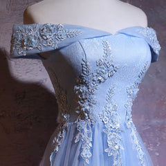Charming Blue Elegant Tulle Party Dress Outfits For Women with Lace Applique, Long Prom Dress