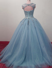 Charming Blue Tulle Long Ball Gown Sweet 16 Dress Outfits For Women with Lace, Formal Gown