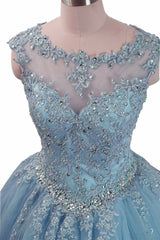 Charming Blue Tulle Long Ball Gown Sweet 16 Dress Outfits For Women with Lace, Formal Gown