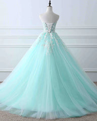 Charming Mint Green Tulle Ball Gown Sweet 16 Dress Outfits For Girls, Lace Applique Prom Dress