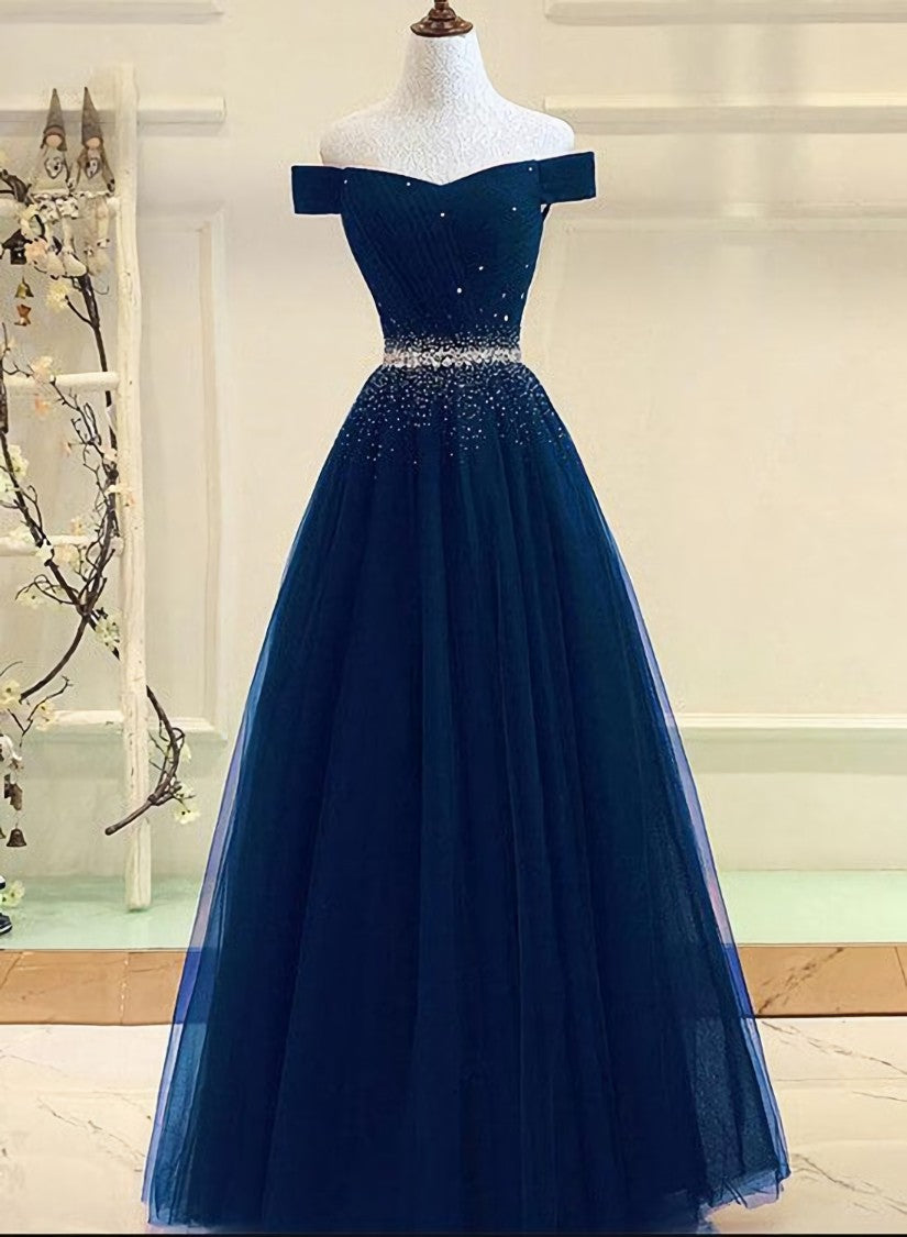Charming Navy Blue Off Shoulder Floor Length Beaded Party Dress Outfits For Girls, Party Dress