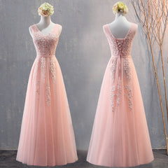 Charming Pearl Pink Tulle Simple Party Dress Outfits For Women with Lace, V-neckline Long Formal Dress