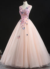 Charming Pink Flowers Ball Gown Long Sweet 16 Dress Outfits For Girls, Pink Prom Dress