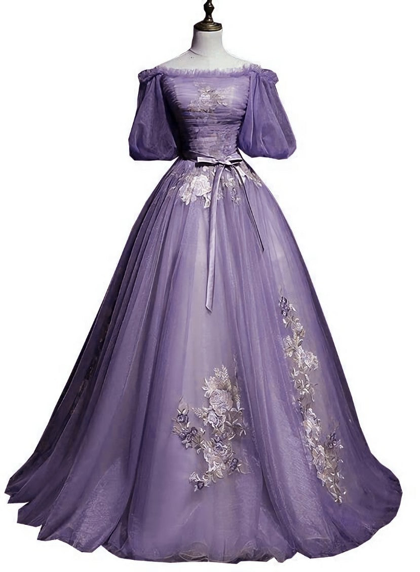 Charming Purple Short Sleeves Tulle Puffy Long Formal Dress Outfits For Girls, Lovely Evening Dress Outfits For Women Party Dress