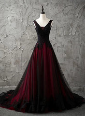 Charming Sleeveless Black and Red Lace Appliques Beaded Party Dress Outfits For Girls, Low Back Prom Dress
