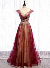 Charming Tulle Cap Sleeves Long New Party Gown, Prom Dress