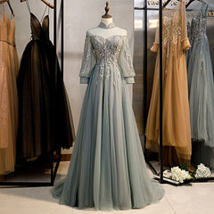 Charming Tulle Long Sleeves Beaded and Lace Long Party Dress Outfits For Girls, A-line Tulle Formal Gown