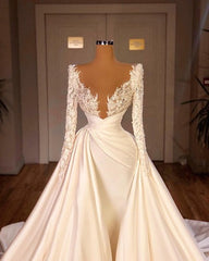 Chic Long A-line Cathedral V-neck Satin Lace Wedding Dress Outfits For Women With Sleeves