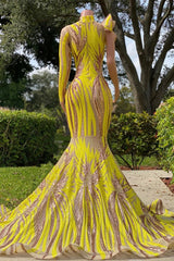 Chic Yellow Long Mermaid High Neck Tulle Lace Prom Dress Outfits For Women with Sleeves
